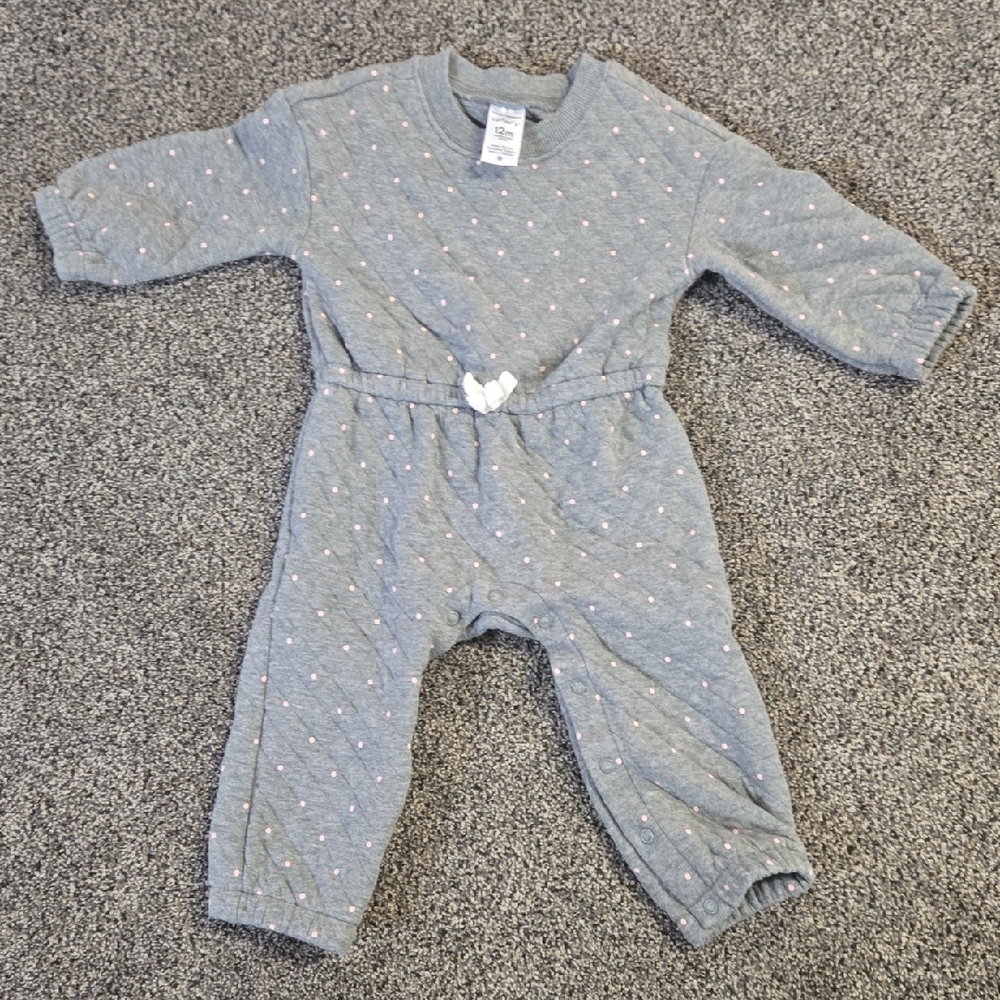 GRAY WITH PINK POLKA DOT LONG SLEEVE ONE PIECE SWEATSUIT